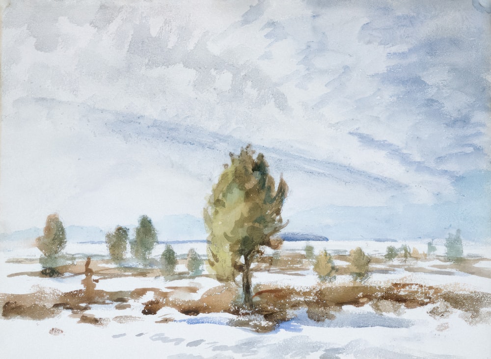 a painting of a snowy landscape with trees