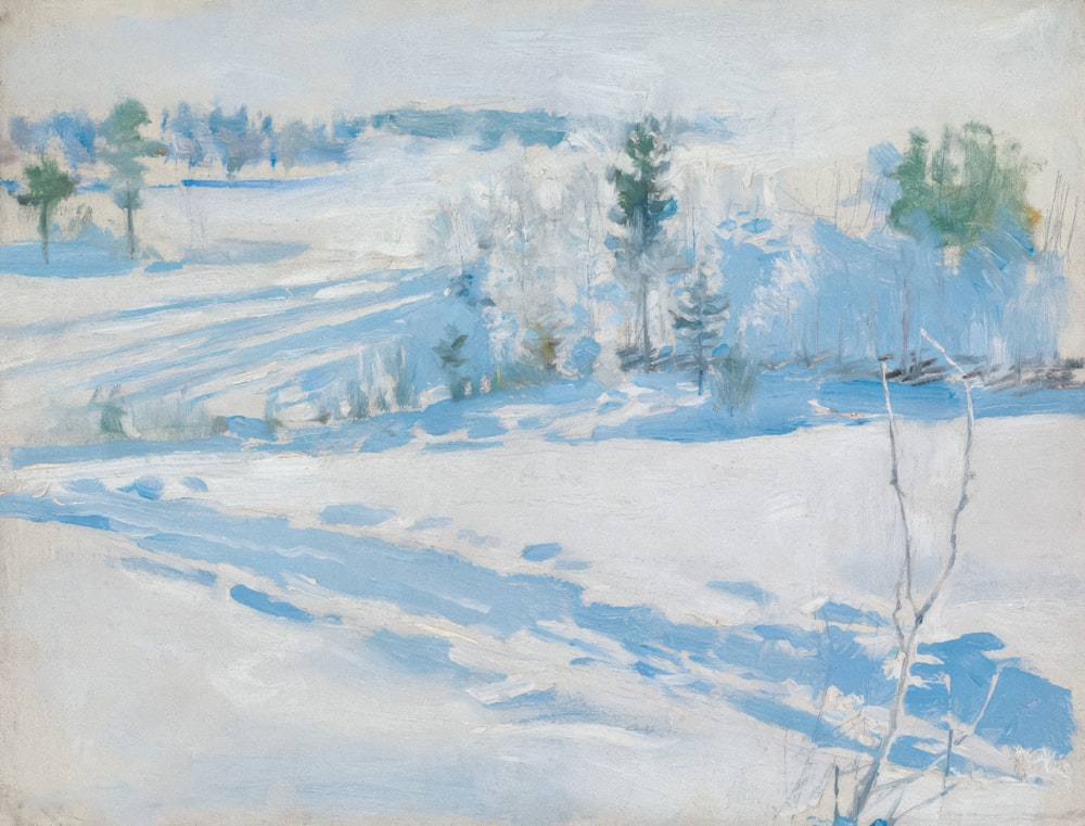 a painting of a snowy landscape with trees