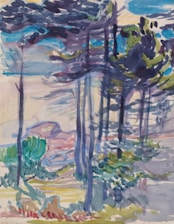 A watercolor painting depicting a landscape with tall, slender trees. The brushstrokes are loose and fluid, indicating movement in the scene. The background contains patches of vibrant greenery and blue skies, giving a sense of a natural, forested area.