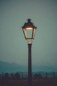 A quaint village street at dusk with vintage lampposts and a mysterious silhouette in the fog.