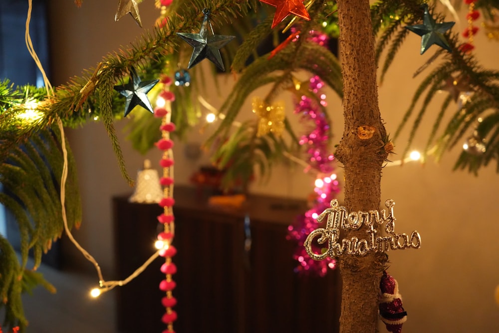 a christmas tree decorated with lights and decorations