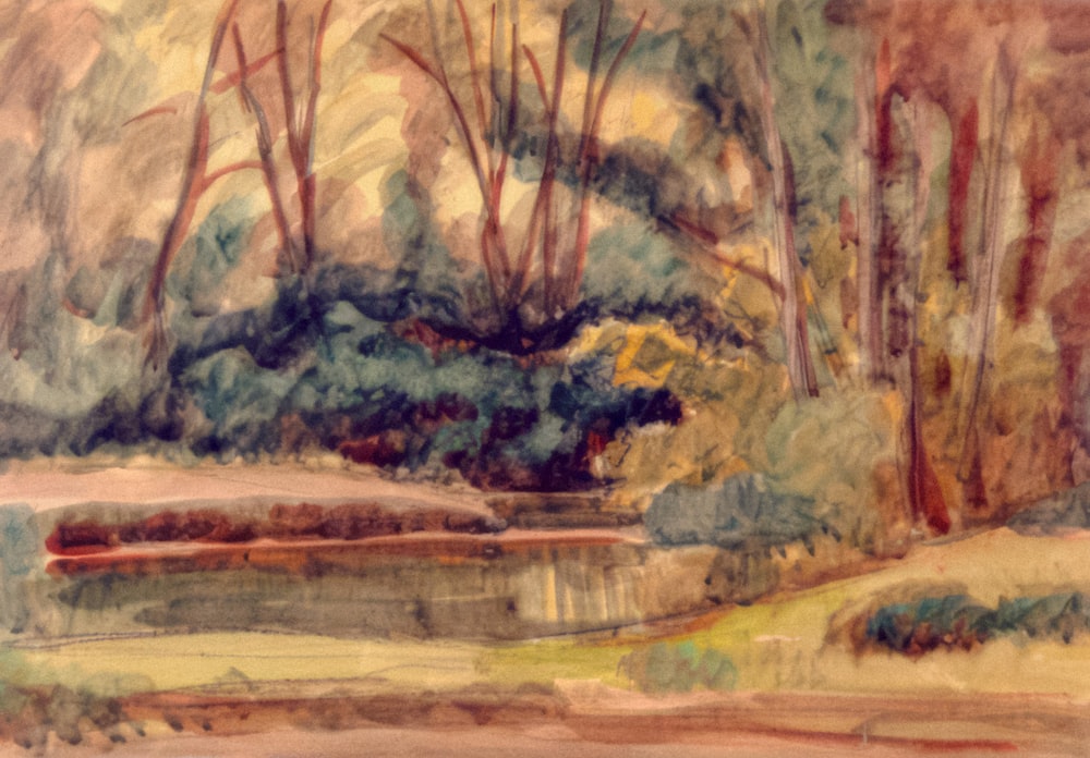 a painting of trees and water in a park