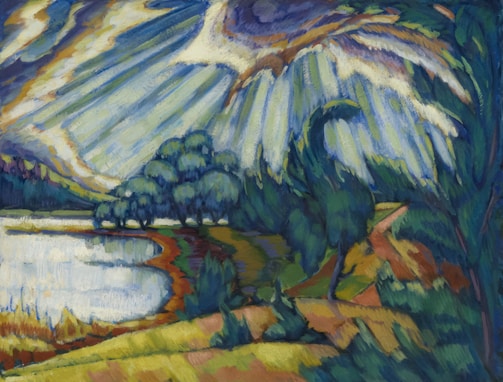 A vibrant and expressive landscape painting featuring a swirling sky with dramatic clouds over a serene body of water. A series of trees line the water's edge, while a path meanders through lush greenery. The use of bold brush strokes and contrasting colors adds energy and dynamism to the scene.