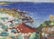 A colorful painting that depicts a seascape with deep blue waters meeting a rocky coastline. The foreground shows a mix of red, green, and earth-toned patches representing vegetation and rocky terrain. The sky is a lighter shade of blue, blending seamlessly with the ocean while the brushstrokes create a vibrant and dynamic texture across the scene.