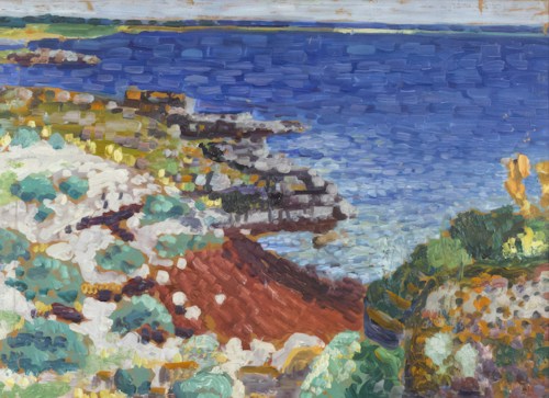 A colorful painting that depicts a seascape with deep blue waters meeting a rocky coastline. The foreground shows a mix of red, green, and earth-toned patches representing vegetation and rocky terrain. The sky is a lighter shade of blue, blending seamlessly with the ocean while the brushstrokes create a vibrant and dynamic texture across the scene.