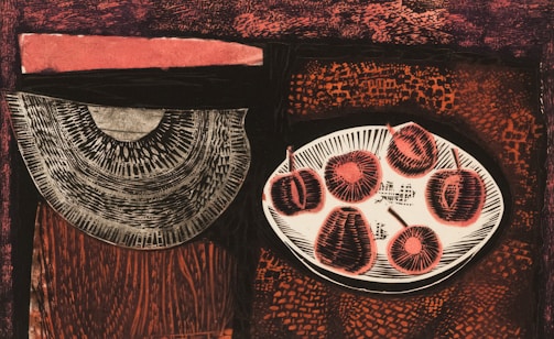A surrealist still life with a platter holding several abstract fruit-like objects on the right, and a large, semi-circular patterned element on the left. The background features a mixture of textured patterns and a dark, earthy color palette with shades of red and orange.