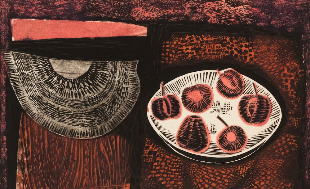 a painting of a plate and a bowl on a table