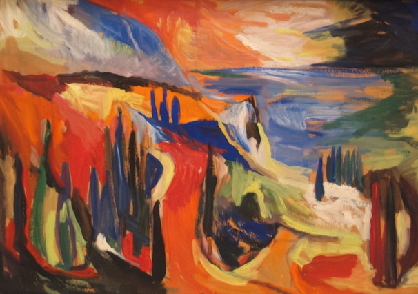 A colorful abstract print blending swirling shapes and bold brushstrokes that evoke movement and energy.