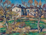 A landscape painting featuring a rural scene with a house surrounded by trees. The trees are depicted with expressive brushstrokes and a mix of autumnal colors. The sky is a bright blue, contrasting with the earthy tones of the grass and foliage. The composition captures a sense of movement and tranquility.
