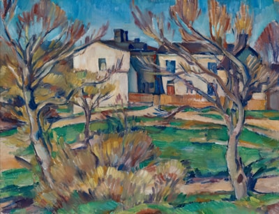 Close-up of a cubist landscape painting capturing rural serenity.