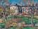 A landscape painting featuring a rural scene with a house surrounded by trees. The trees are depicted with expressive brushstrokes and a mix of autumnal colors. The sky is a bright blue, contrasting with the earthy tones of the grass and foliage. The composition captures a sense of movement and tranquility.