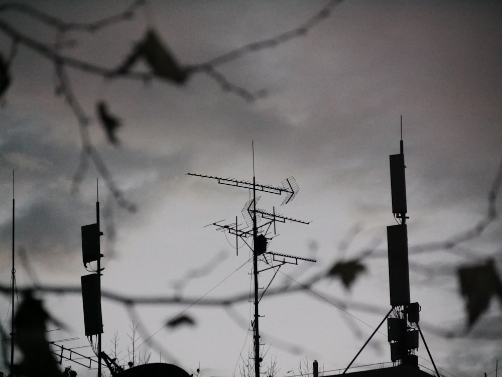 a view of a cell phone tower through a wire fence