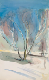 A watercolor painting featuring a few leafless trees with delicate branches. The background consists of soft, pastel-colored sky and an impressionistic blend of various shades, giving a dreamy and ethereal quality to the scene. Shadows are painted on the ground, suggesting light coming from a particular direction.