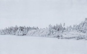 A serene landscape painting capturing a misty morning by a quiet lake with muted greens and blues