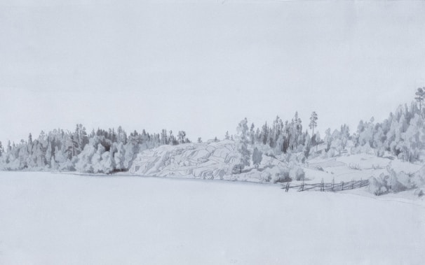 A serene landscape painting capturing a misty morning by a quiet lake.