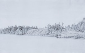 A serene landscape painting with a tranquil lake in the foreground and an overcast sky. The shoreline is lined with trees and rocky formations, and there is a fence visible on the right. The scene is rendered in soft, muted tones, giving it a peaceful and calm appearance.