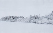 A serene landscape painting with a tranquil lake in the foreground and an overcast sky. The shoreline is lined with trees and rocky formations, and there is a fence visible on the right. The scene is rendered in soft, muted tones, giving it a peaceful and calm appearance.