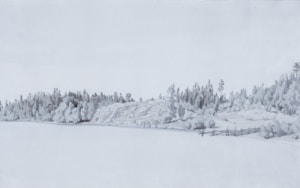 A serene landscape painting with a tranquil lake in the foreground and an overcast sky. The shoreline is lined with trees and rocky formations, and there is a fence visible on the right. The scene is rendered in soft, muted tones, giving it a peaceful and calm appearance.