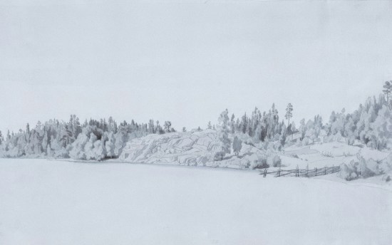 A serene landscape painting with a tranquil lake in the foreground and an overcast sky. The shoreline is lined with trees and rocky formations, and there is a fence visible on the right. The scene is rendered in soft, muted tones, giving it a peaceful and calm appearance.