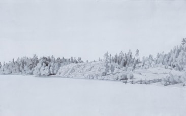 A serene landscape painting with a tranquil lake in the foreground and an overcast sky. The shoreline is lined with trees and rocky formations, and there is a fence visible on the right. The scene is rendered in soft, muted tones, giving it a peaceful and calm appearance.