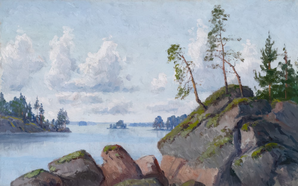 a painting of a rocky shore with trees on it