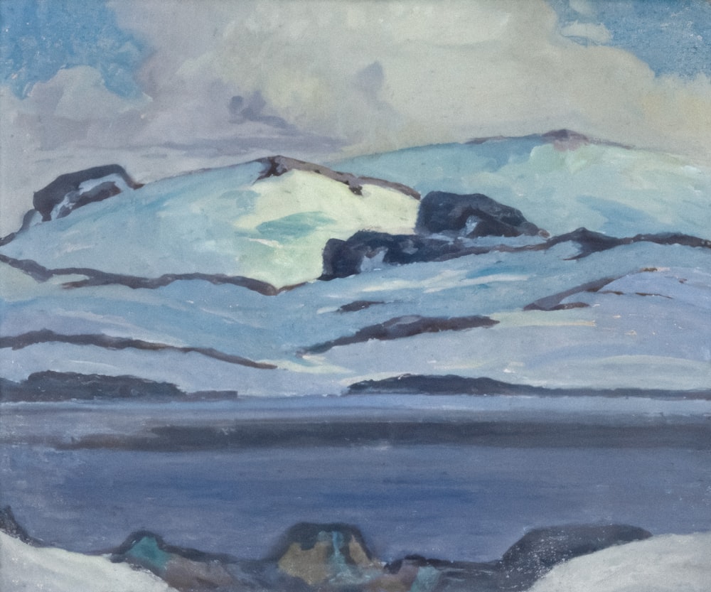 a painting of snow covered mountains and a body of water