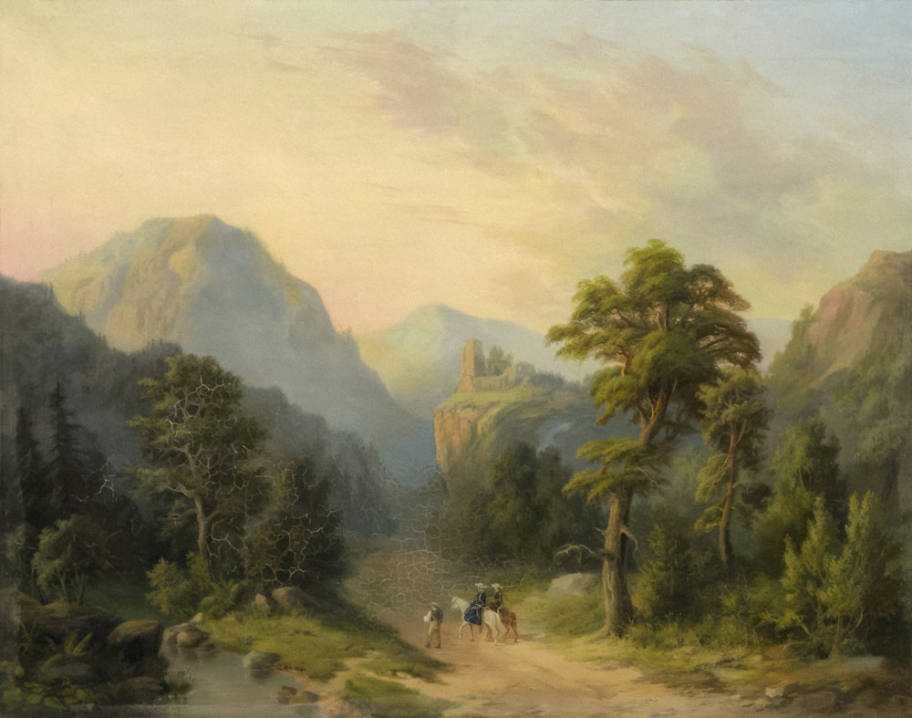 a painting of people riding horses down a dirt road