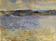 A serene landscape painting featuring a body of water in the foreground, with gentle ripples and reflections of the sky. In the background, an array of lush, green hills stretches across the horizon under a cloudy sky with hints of sunlight breaking through.