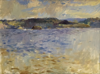 A serene landscape painting featuring a body of water in the foreground, with gentle ripples and reflections of the sky. In the background, an array of lush, green hills stretches across the horizon under a cloudy sky with hints of sunlight breaking through.