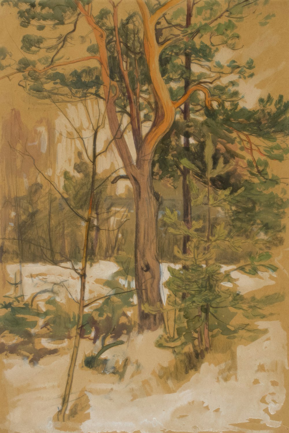 a painting of a tree in the snow