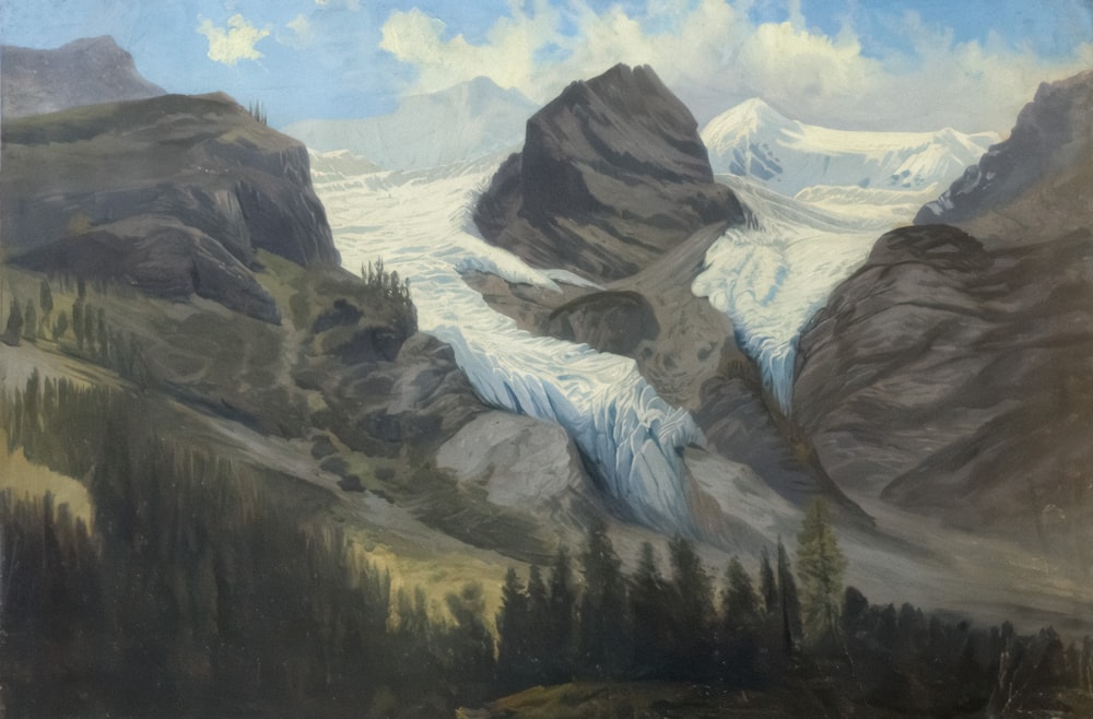 a painting of a mountain range with trees and clouds