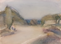 A watercolor painting featuring a serene landscape with soft, blurred lines. The scene includes a road or pathway flanked by trees or bushes, with an open sky above. The colors blend seamlessly, creating an impressionistic view of nature.