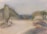 A close-up of a watercolor painting featuring a serene landscape with soft hues.