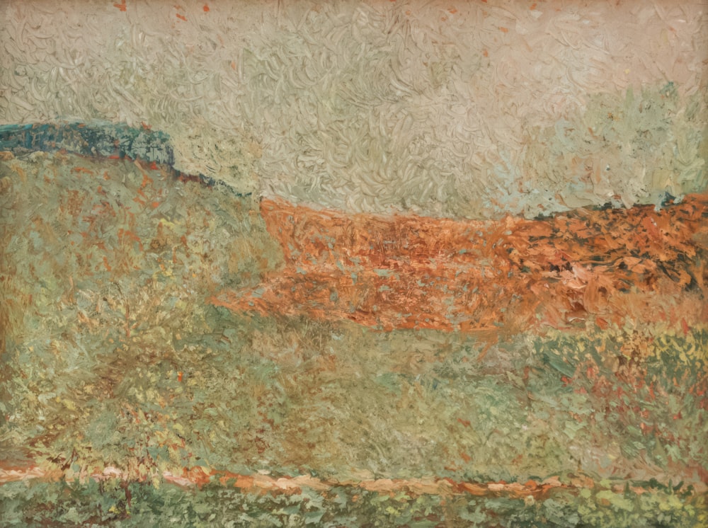 a painting of a hill with trees in the background