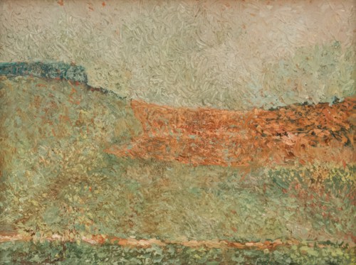 A textured painting with abstract brushstrokes depicting a landscape. Swirls and dabs of green and orange suggest grasslands or fields with rolling hills in the background. A mix of muted earth tones conveys a natural scene.