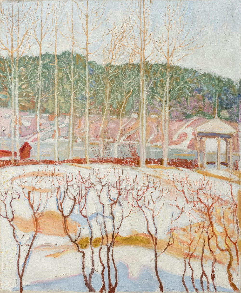 una pintura de un paisaje nevado con árboles