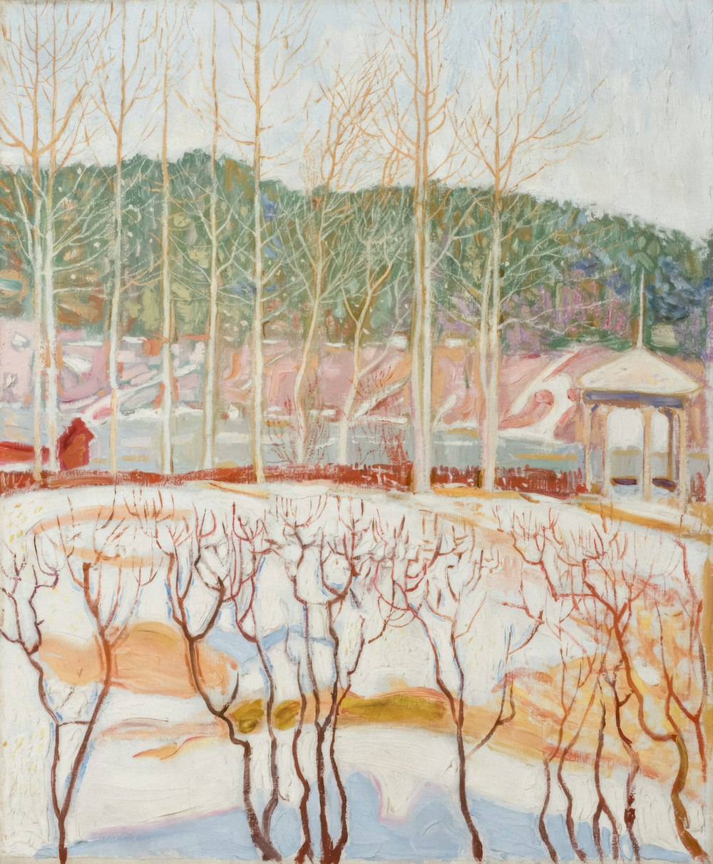 a painting of a snowy landscape with trees