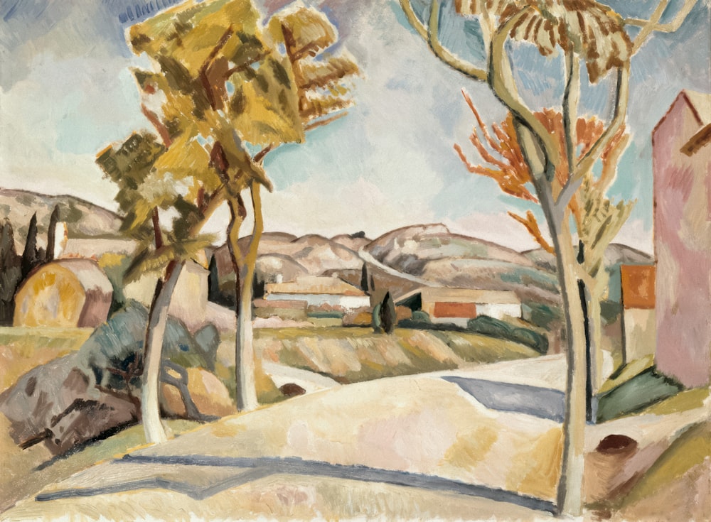 a painting of a rural landscape with trees