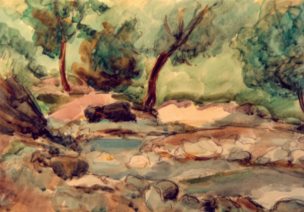 a watercolor painting of a stream in the woods