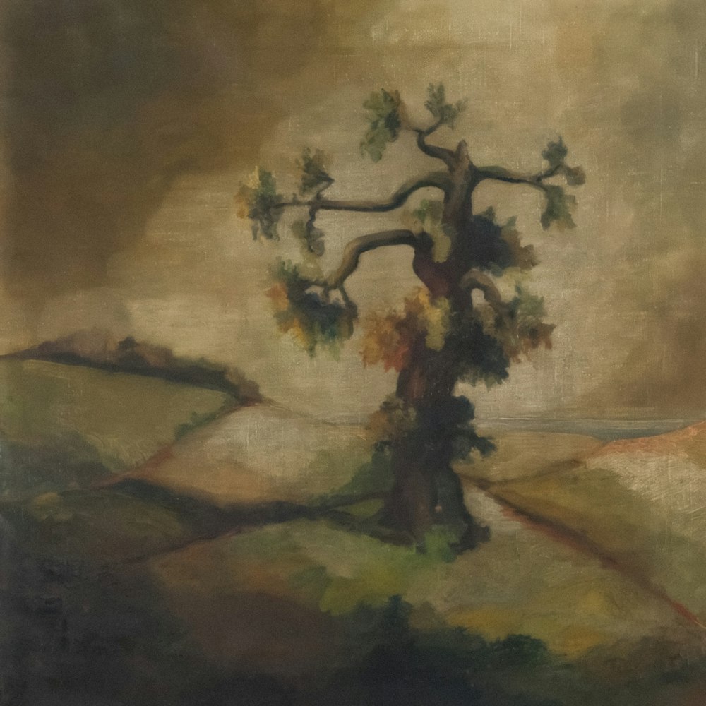 a painting of a tree in a field