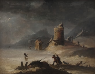 A dark, atmospheric landscape with a large, ominous tower situated in the center. Surrounding the tower are smaller structures and a barren landscape, partially covered with snow or ice. Several figures are scattered across the scene, with some appearing to be moving or carrying objects. The sky is overcast, adding to the dramatic and somber mood of the setting.