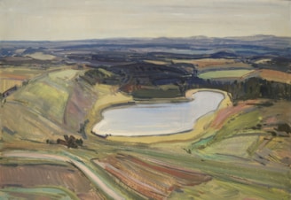 A serene landscape painting depicting a tranquil Ukrainian countryside.