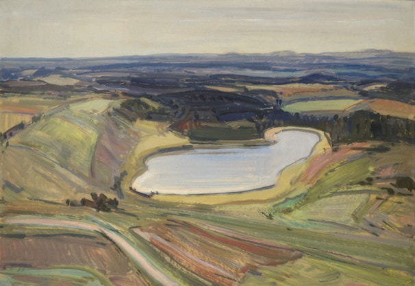 A serene landscape painting depicting a tranquil Ukrainian countryside.