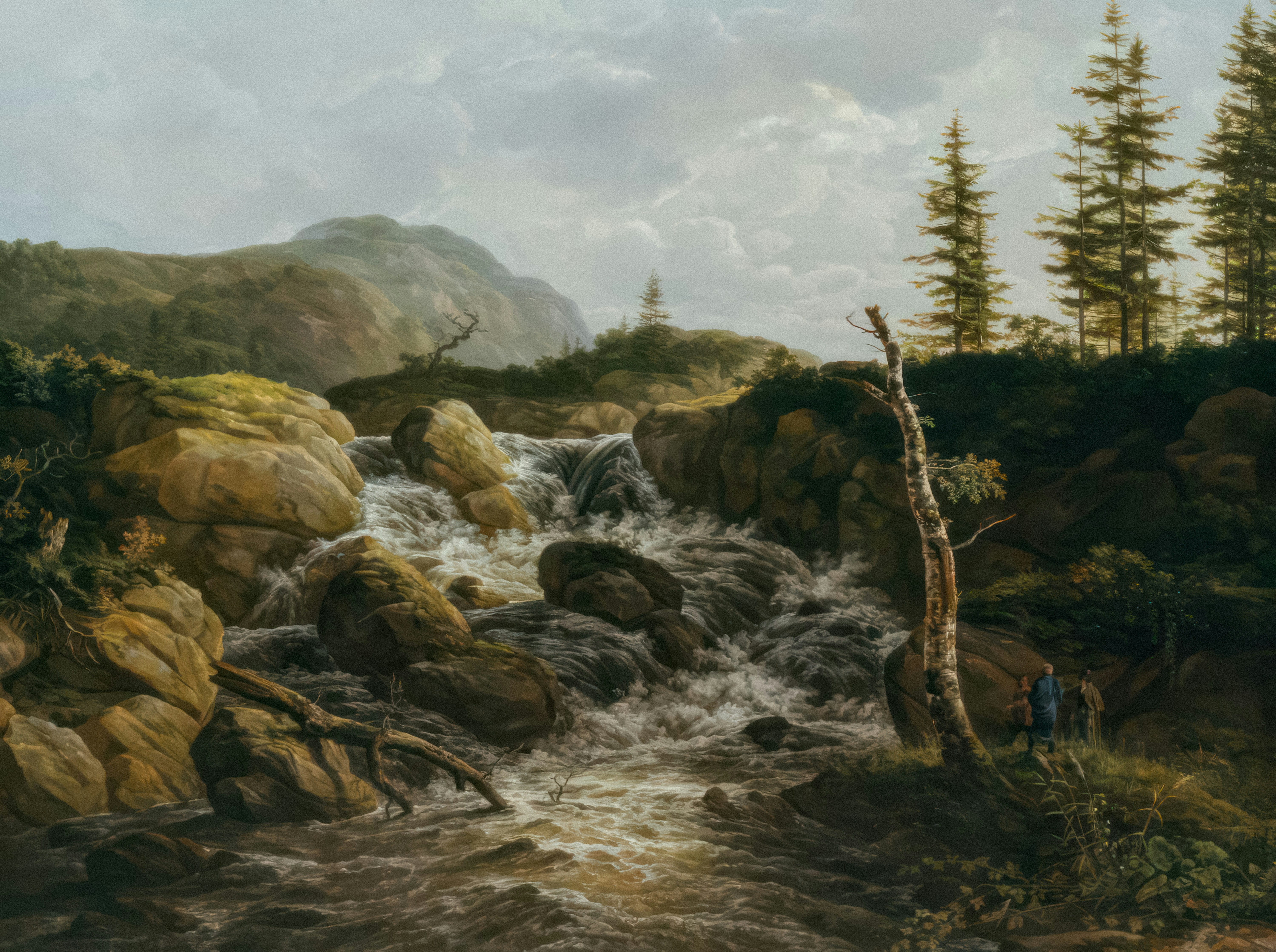 A painting of a mountain stream with trees and rocks photo – Free Art Image  on Unsplash, image size:3000x2239