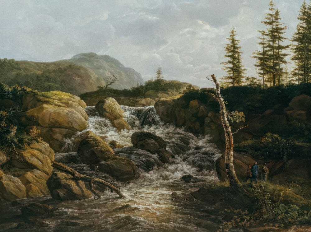 a painting of a mountain stream with trees and rocks