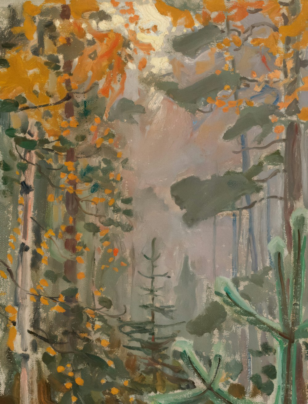 a painting of a forest filled with lots of trees