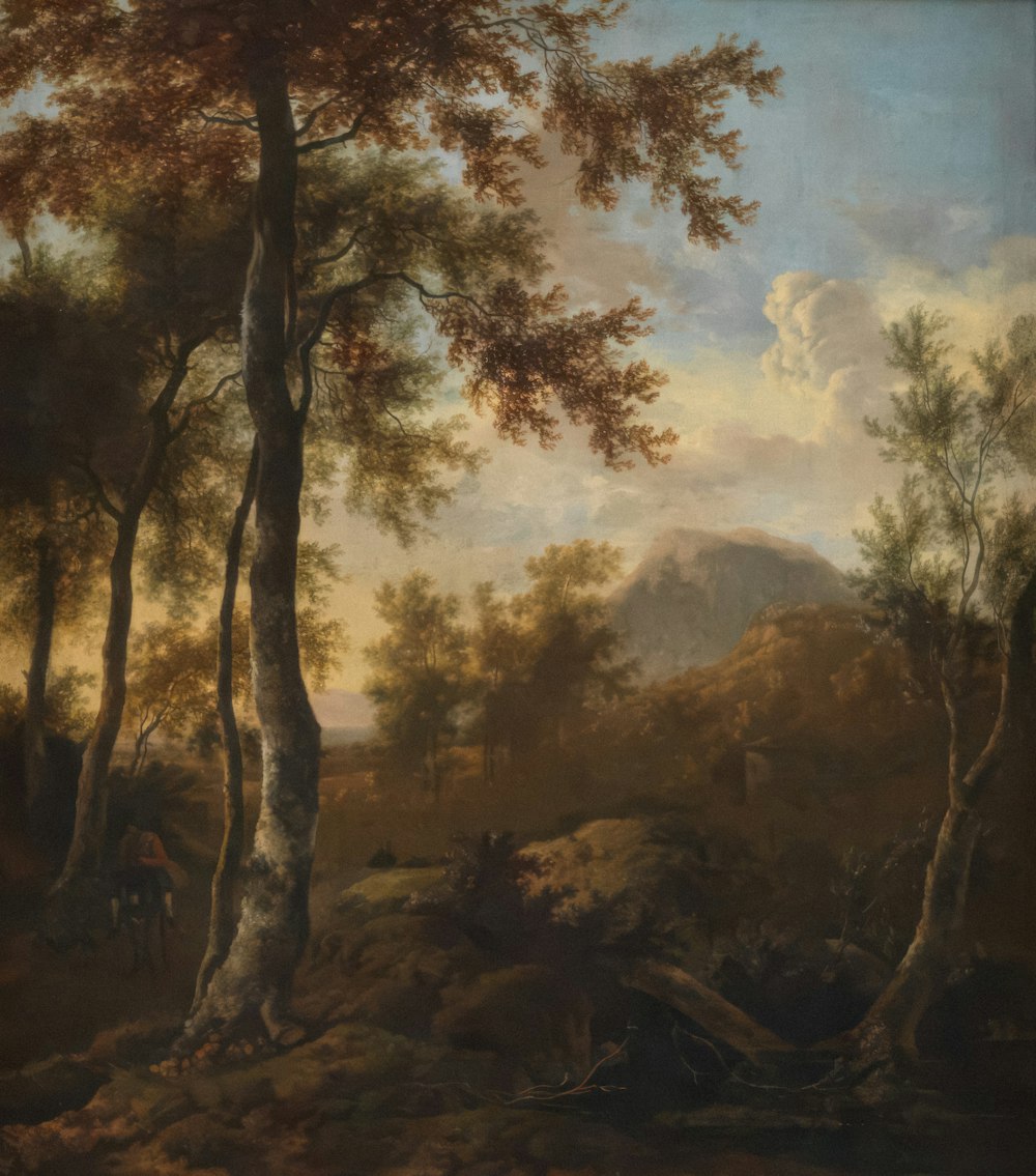 a painting of a wooded scene with a horse and carriage