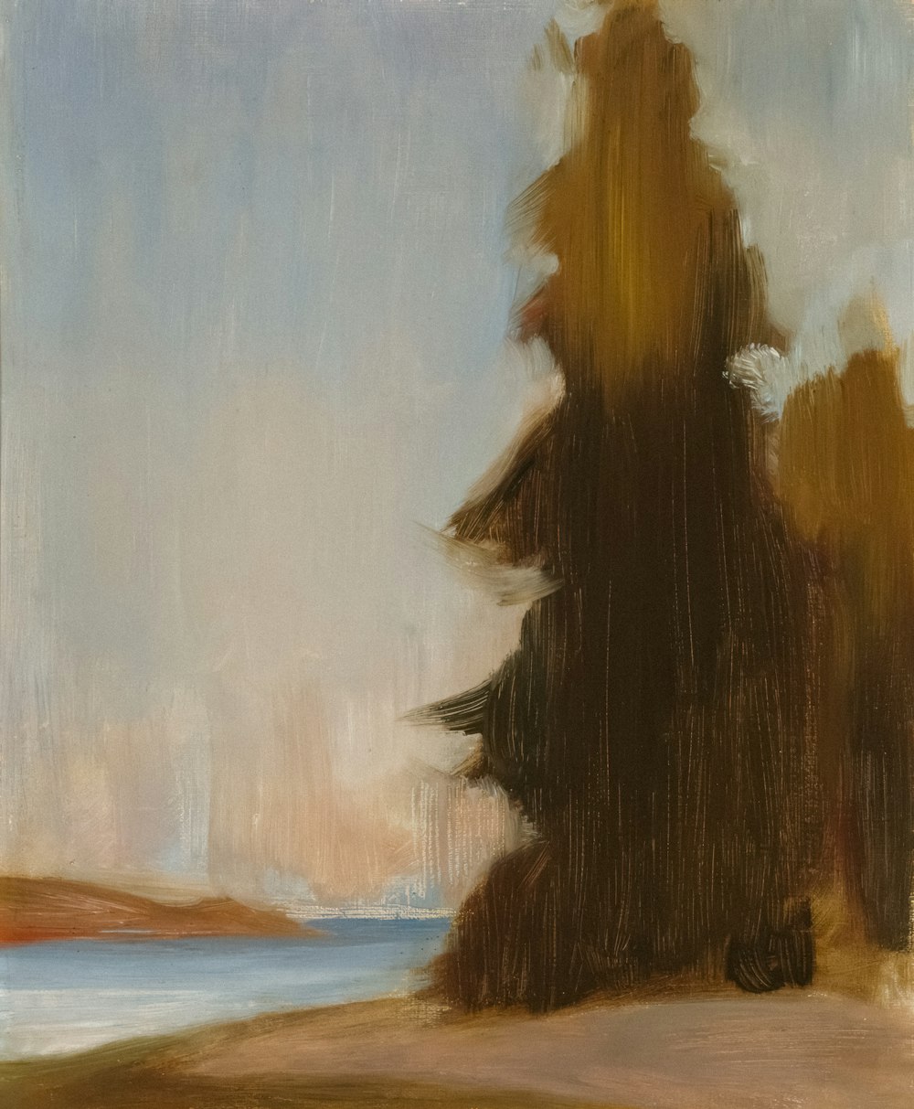 a painting of a tree with a body of water in the background