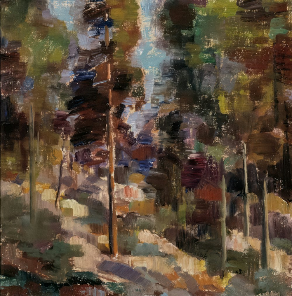 a painting of a street with trees in the background