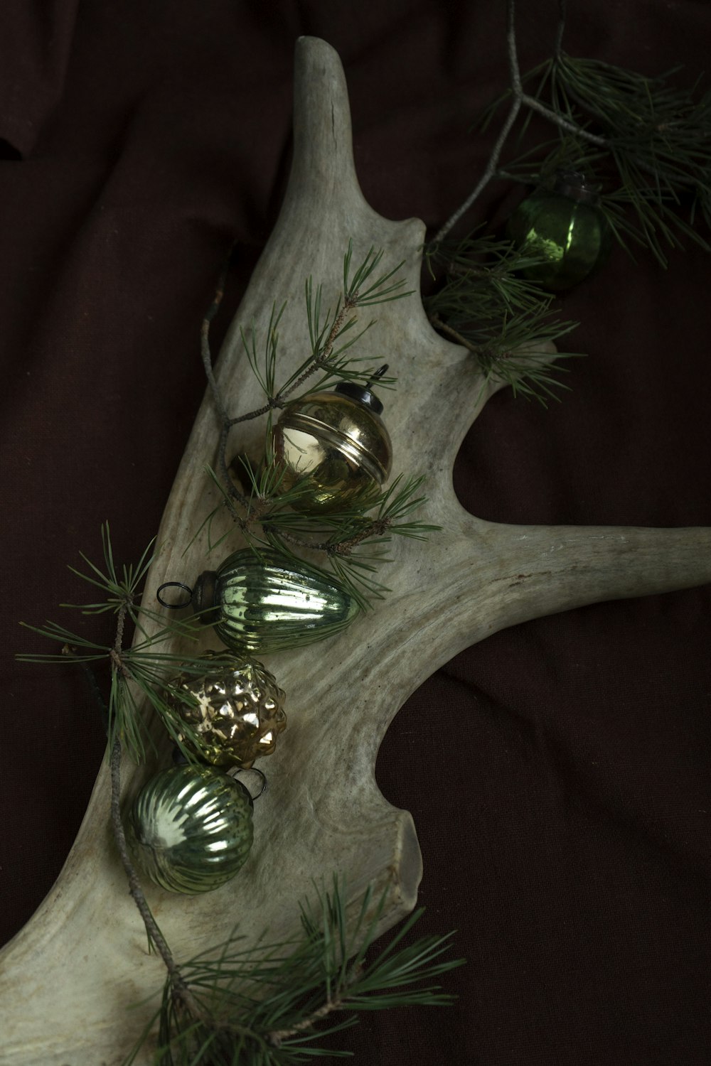 a deer antler with ornaments on it's antlers